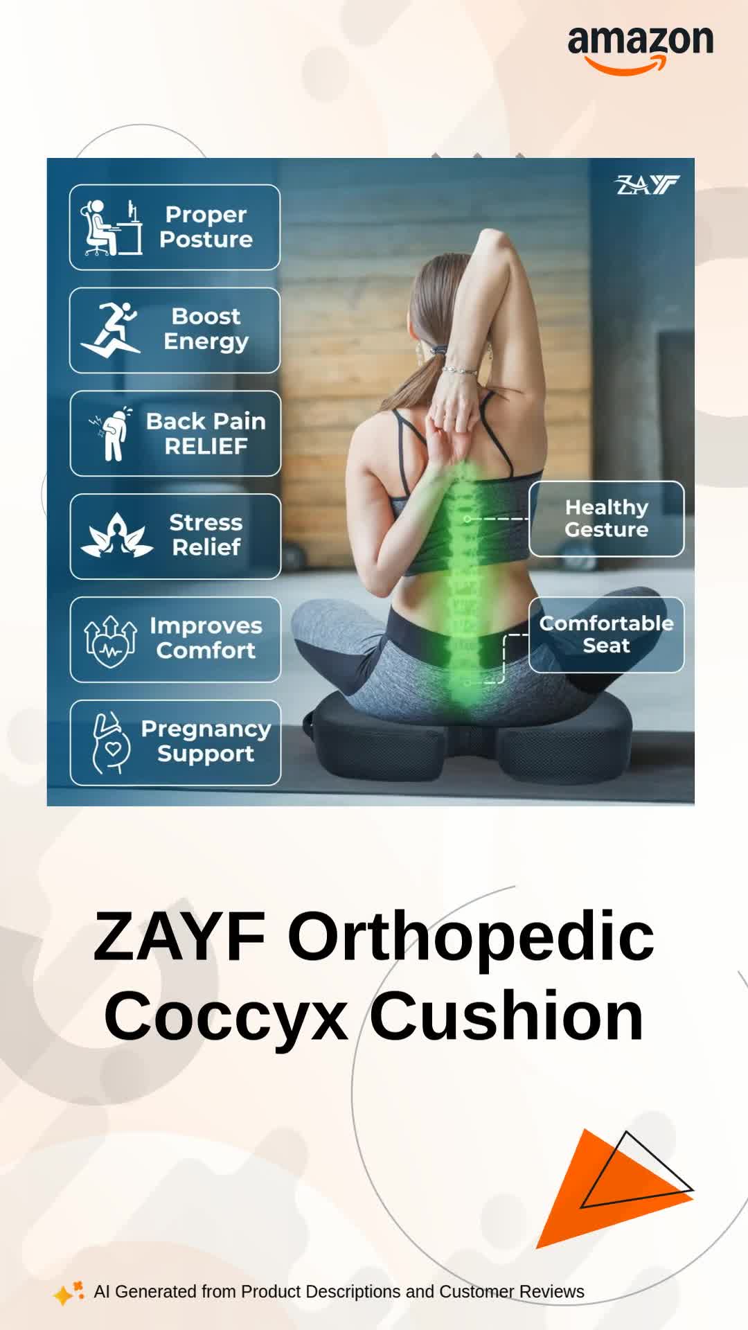 ZAYF Orthopedic Coccyx Cushion | 2 Years Warranty | Gel-Infused